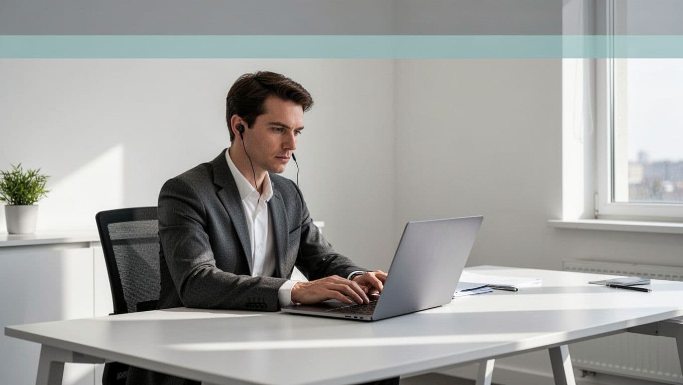 A focused professional sits at a clean modern desk, engaging with article listening software on a laptop screen. A bold header bar above indicates active audio playback for improved productivity.