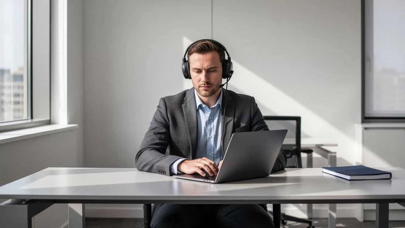A professional working on a laptop at a bright, clean desk.