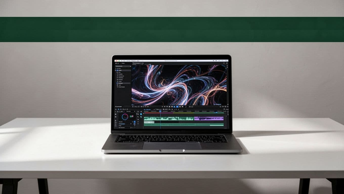 A minimalist office desk features a laptop displaying complex abstract video patterns under soft studio lights. A bold dark green horizontal band with white text sits prominently at the image top.