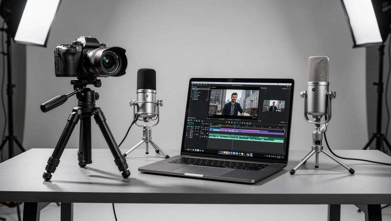 A high-end camera, professional microphone, and open laptop are arranged on a clean desk. The screen displays complex video editing software, reflecting a modern and efficient production workflow for content creators.
