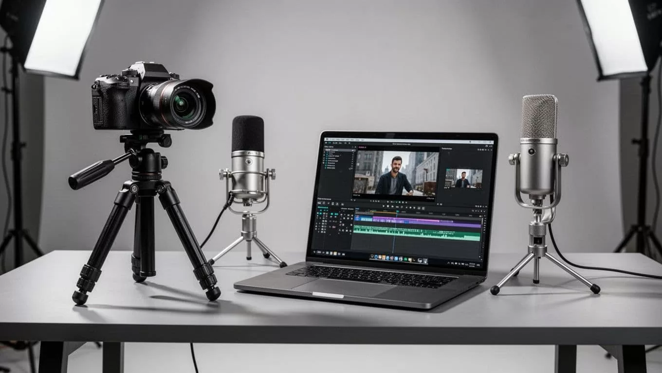 A high-end camera, professional microphone, and open laptop are arranged on a clean desk. The screen displays complex video editing software, reflecting a modern and efficient production workflow for content creators.