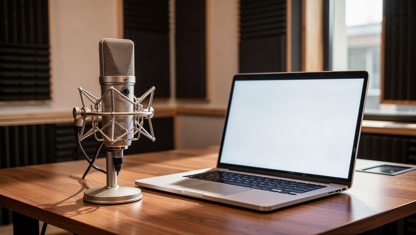A professional microphone and laptop displayed beneath a dark green banner labeled Pro Voices.