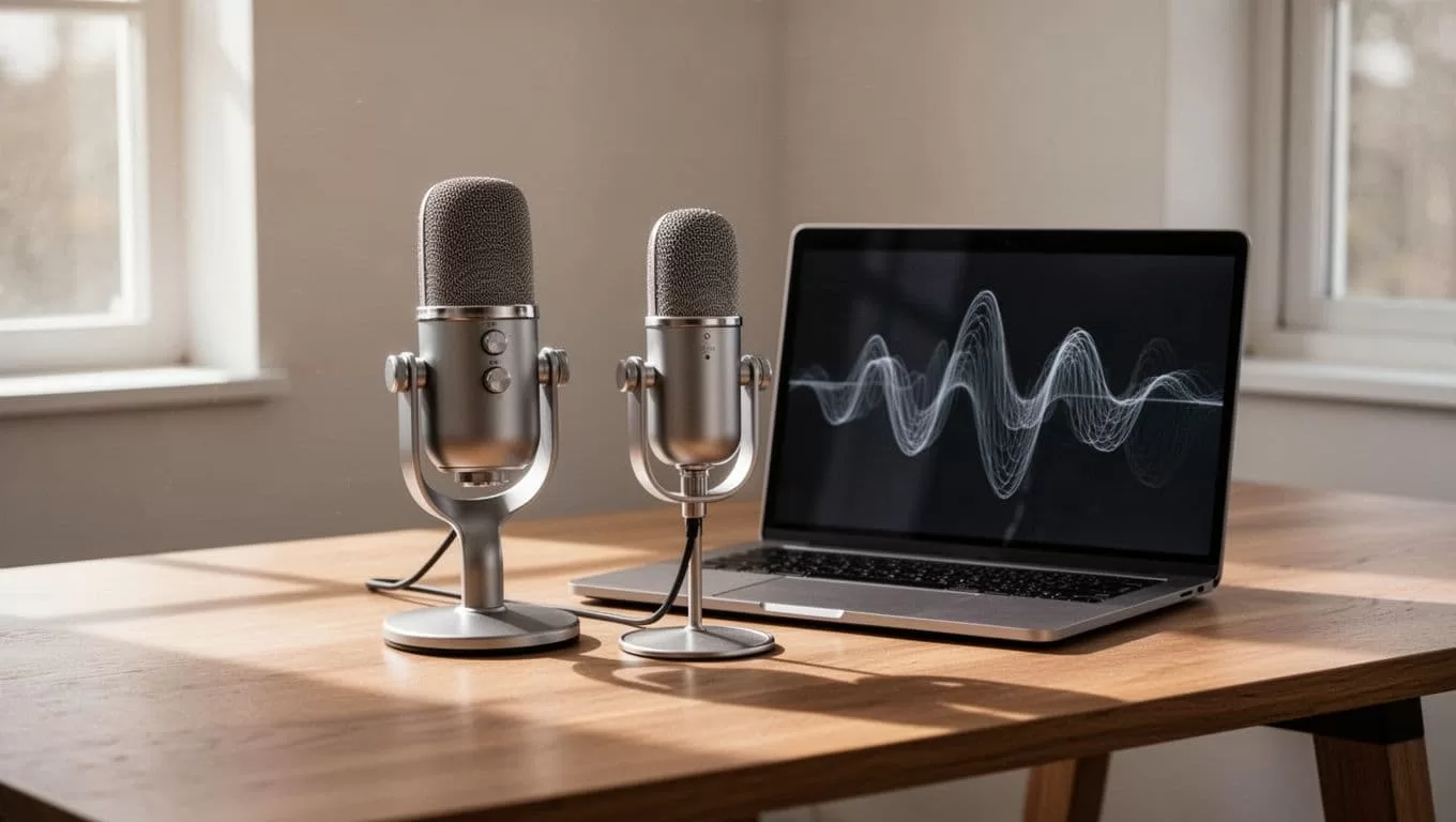 A professional microphone and a laptop with audio editing software on a clean workspace.