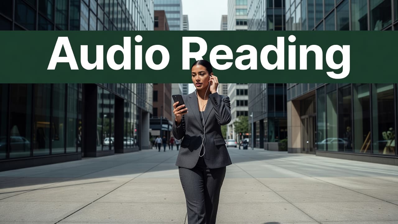 A woman in business attire walks through a city while using a smartphone and headphones.