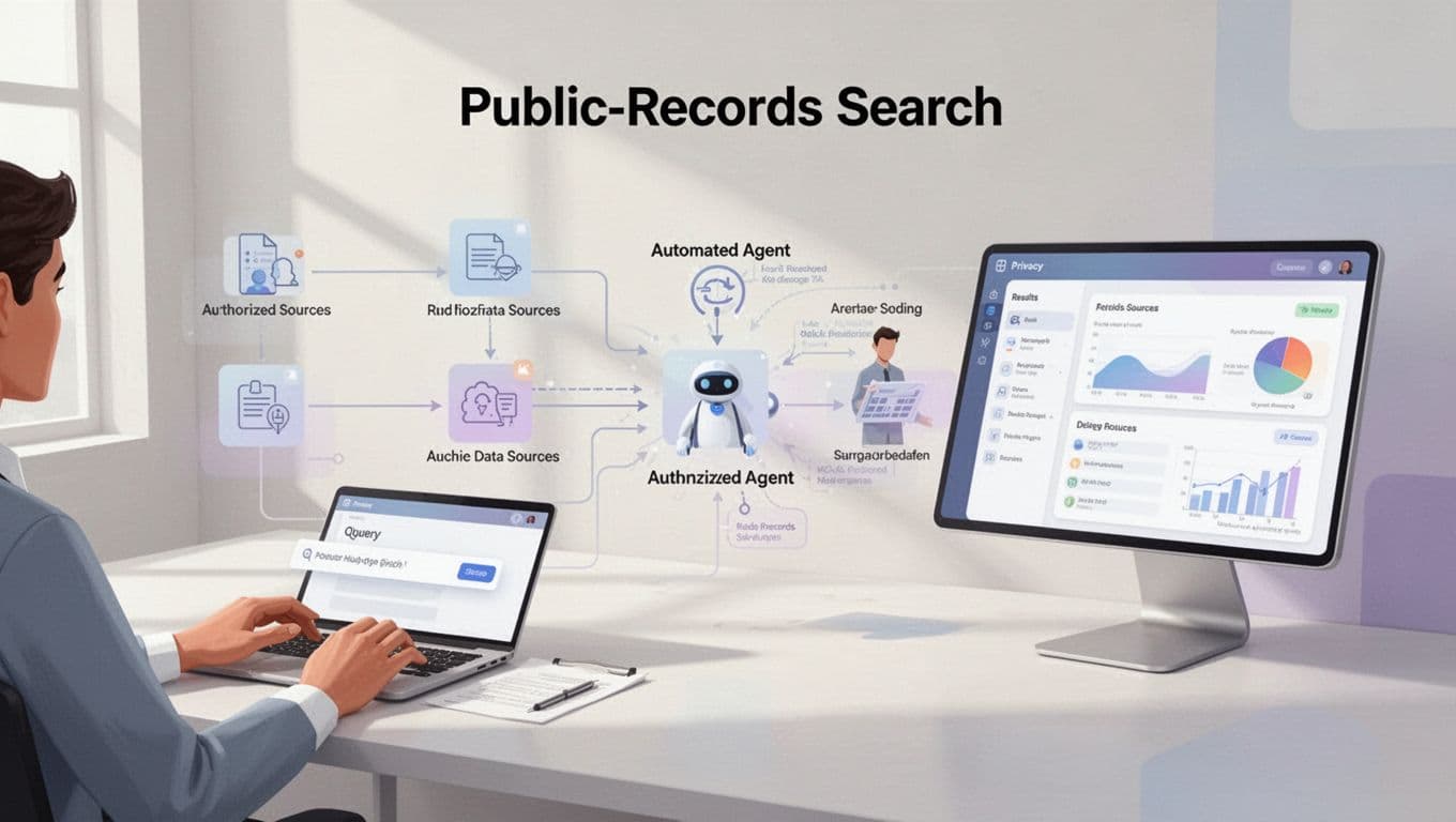 A technical workflow diagram showing public records search automation.