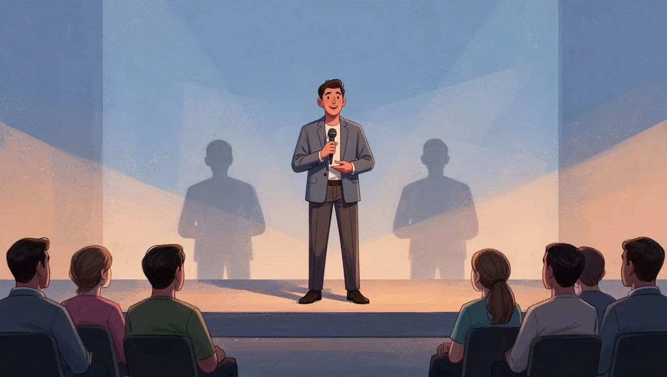 A person stands centered on a simple stage delivering a presentation to a small seated audience. Soft blue and orange hues highlight the speaker against a clean, minimalist background setting.