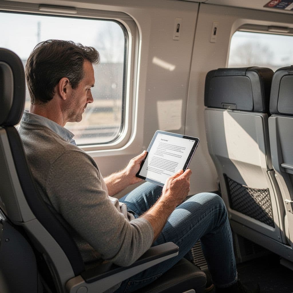 A person uses a tablet to read digital text while sitting on a train.