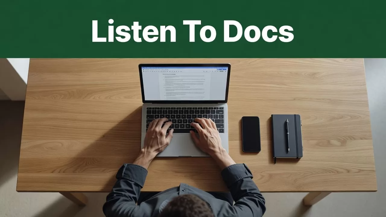 A clean wooden desk seen from above holds an open laptop, a smartphone, and a leather notebook. A dark green header band with bold text sits at the top of the frame.
