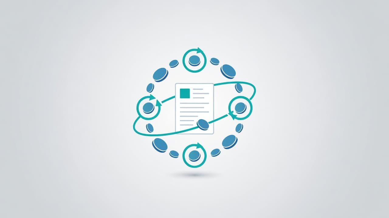 Floating gold coins and looping circular arrows orbit a centered document icon on a soft, minimalist background. The clean vector shapes illustrate a seamless cycle of digital recurring membership payments.