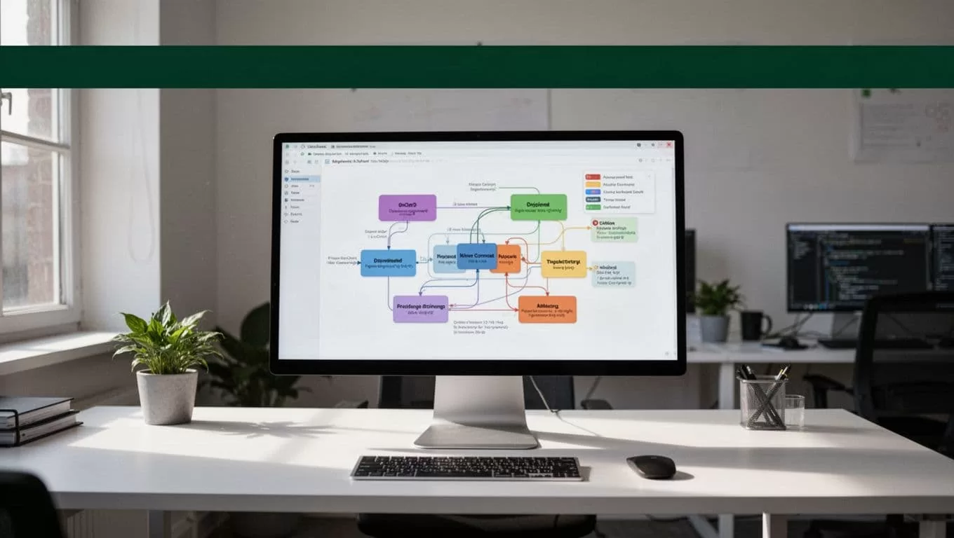 A computer monitor showing a software workflow diagram on a clean desk.