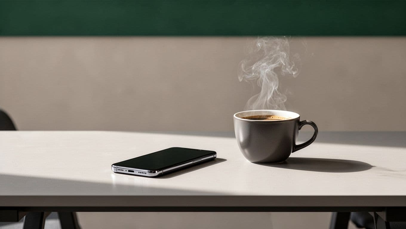 A branded headline band above a neat desk with a smartphone and coffee cup.