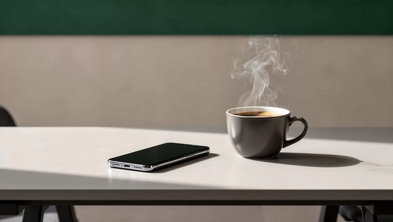 A branded headline band above a neat desk with a smartphone and coffee cup.