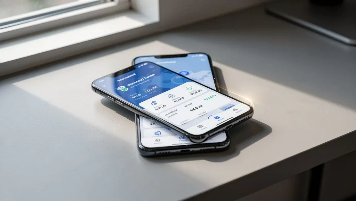 A smartphone showing an international money transfer app on a wooden desk.