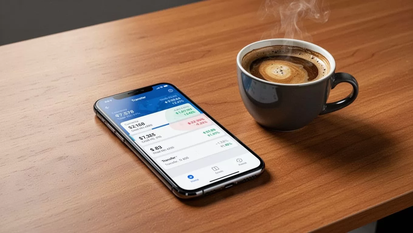 A smartphone displaying a currency converter app sits on a wooden desk next to coffee.