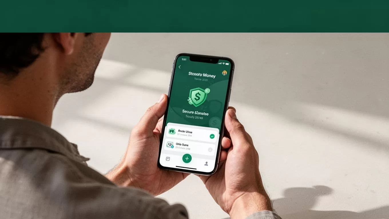 A person using a secure money transfer app on a smartphone in a minimal setting.