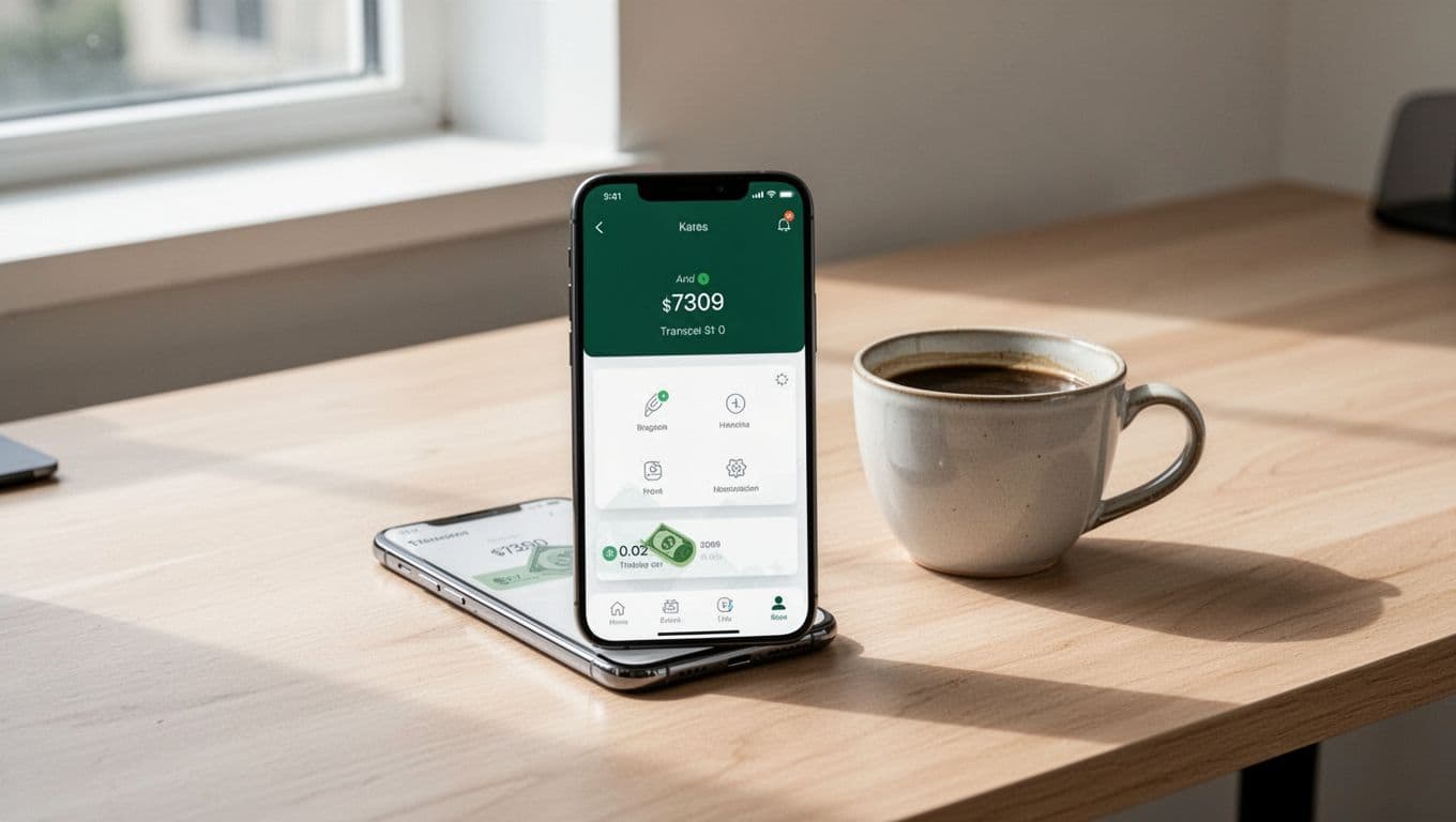 A smartphone showing a remittance app and a cup of coffee on a wooden desk.
