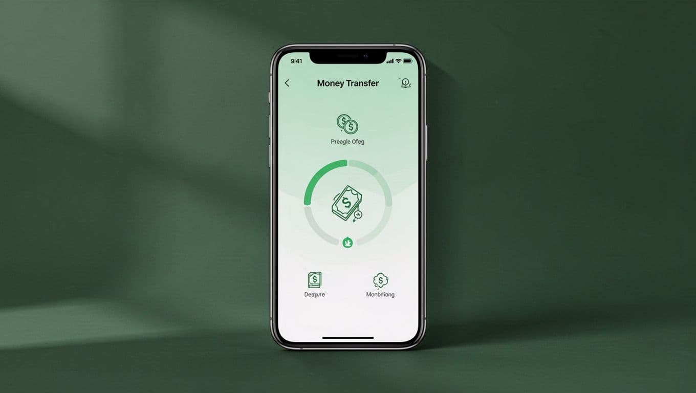 A smartphone displays a money transfer app screen against a dark green background.