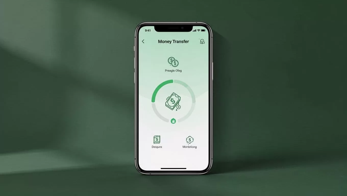 A smartphone displays a money transfer app screen against a dark green background.
