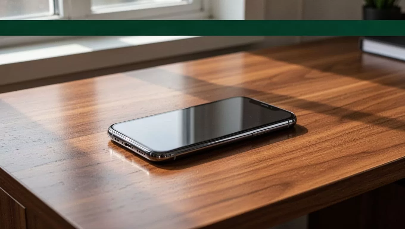 A smartphone on a wooden desk below a green Remitly headline banner.