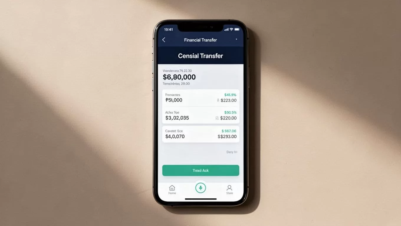 A smartphone showing a mobile finance application against a neutral background.