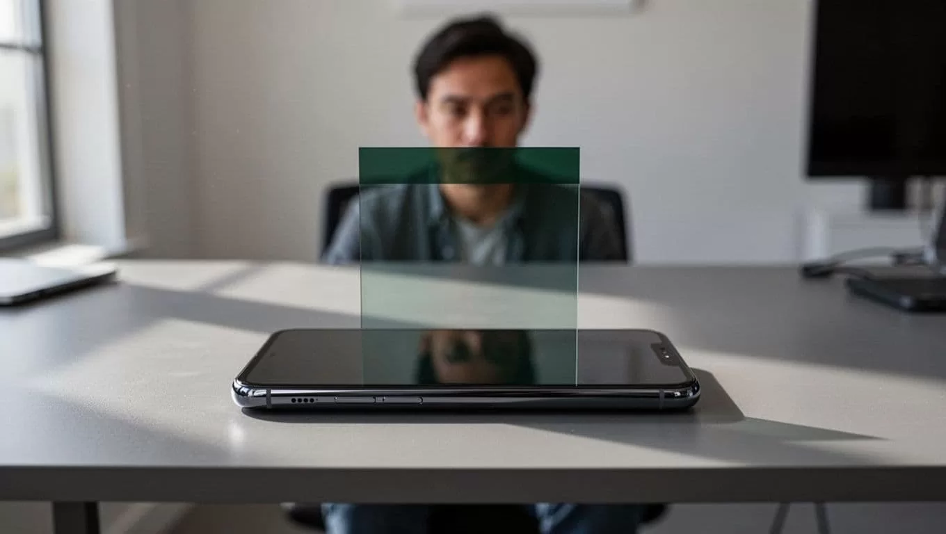 A smartphone on a desk with a bold green banner displaying transfer text.