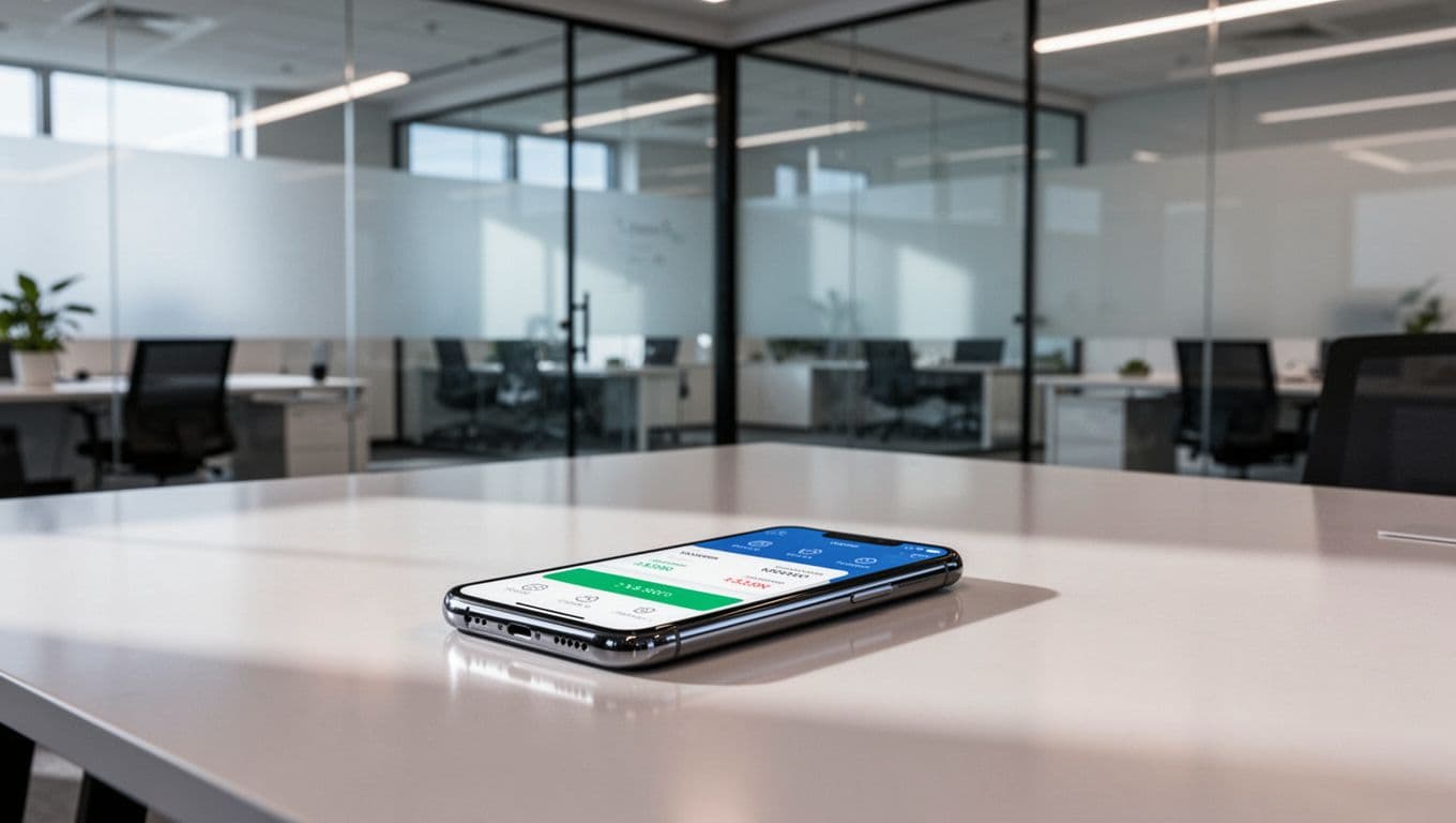 A smartphone showing a money transfer app sits on a modern desk.
