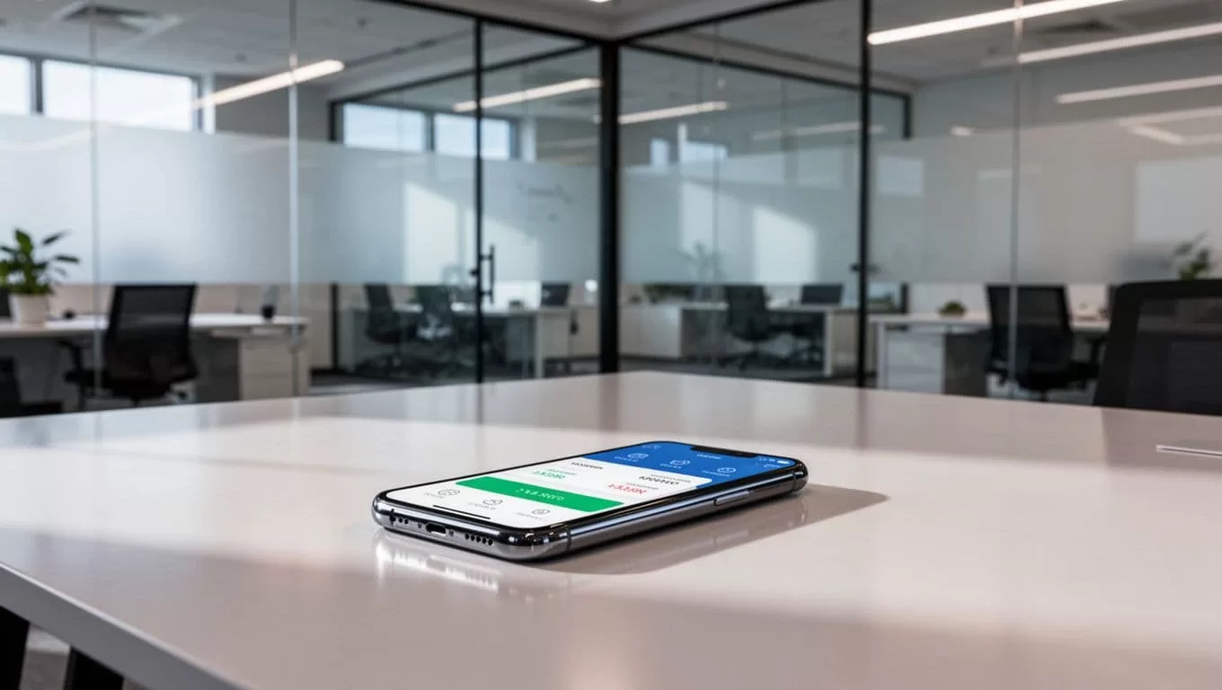 A smartphone showing a money transfer app sits on a modern desk.