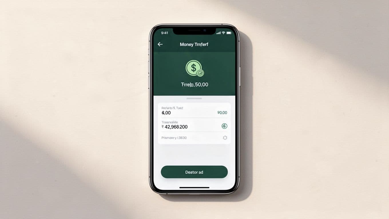 A smartphone showing a money transfer app with a dark green header on a minimalist background.