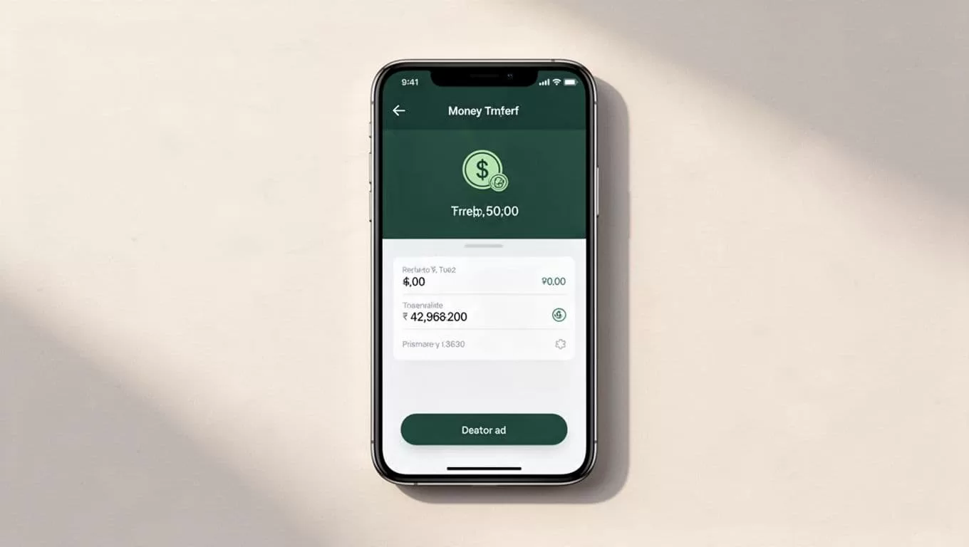 A smartphone showing a money transfer app with a dark green header on a minimalist background.