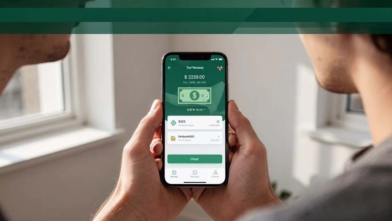 A smartphone displays a financial app interface with a dark green top banner.