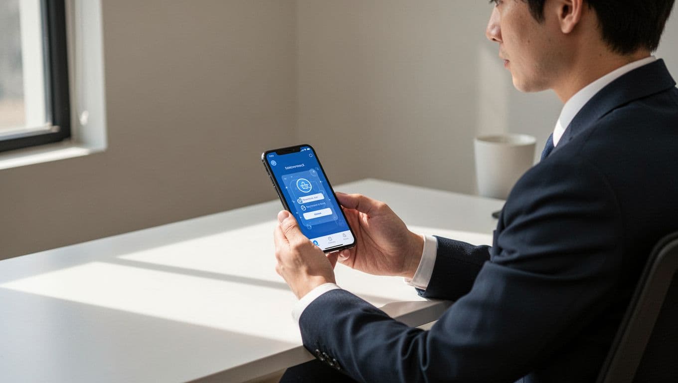 A person using a money transfer app on a smartphone at a clean desk.