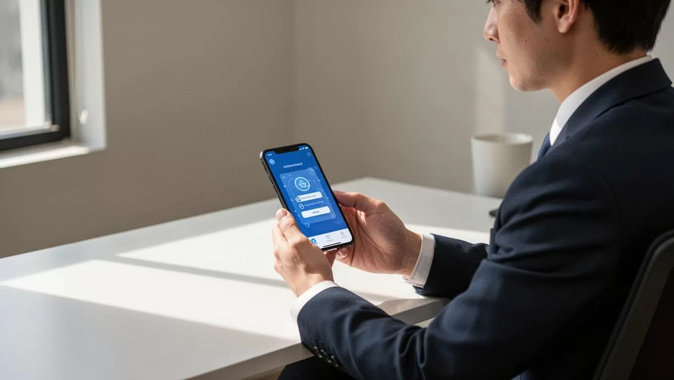 A person using a money transfer app on a smartphone at a clean desk.