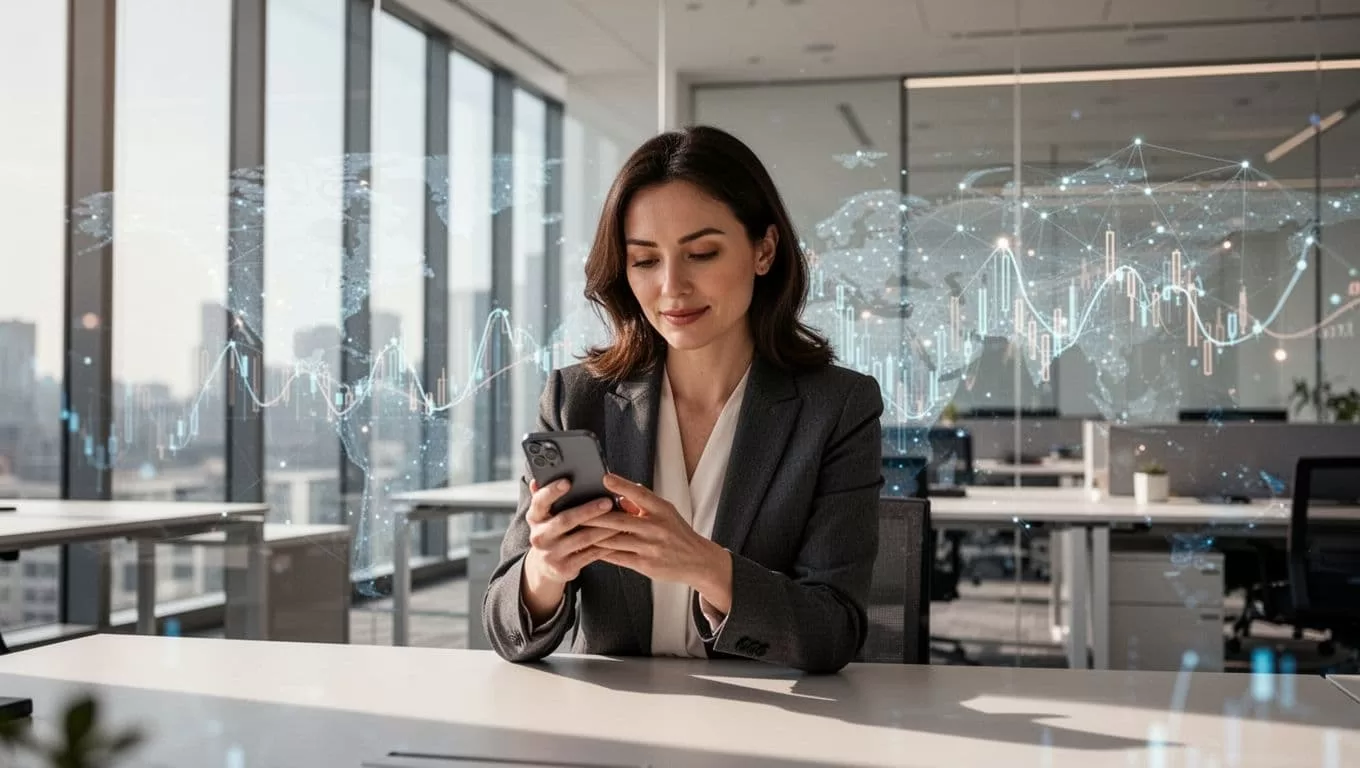 A professional woman checking her smartphone in a modern office with a top headline band.