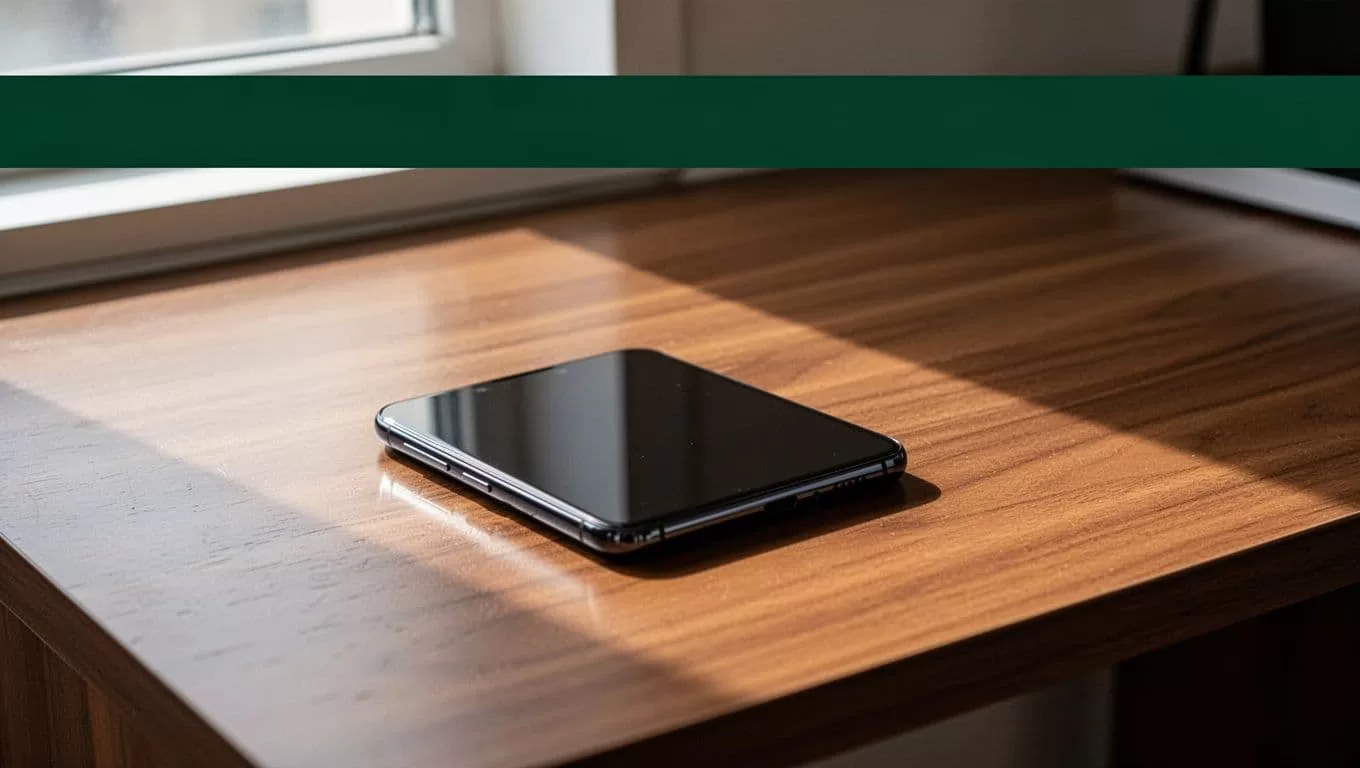 A smartphone resting on a wooden desk below a dark green banner headline.