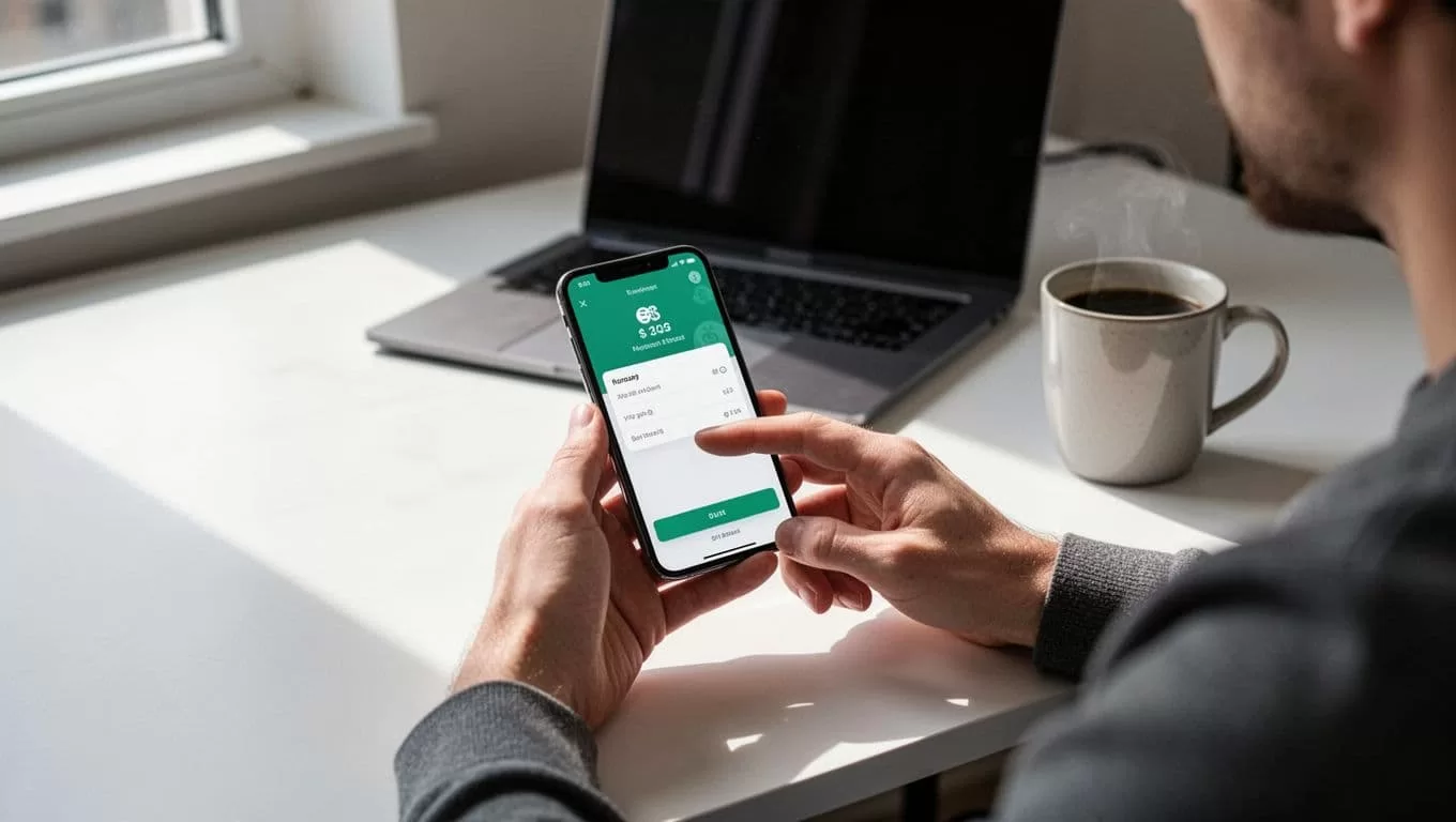 A modern desk with a smartphone showing a financial transfer app.