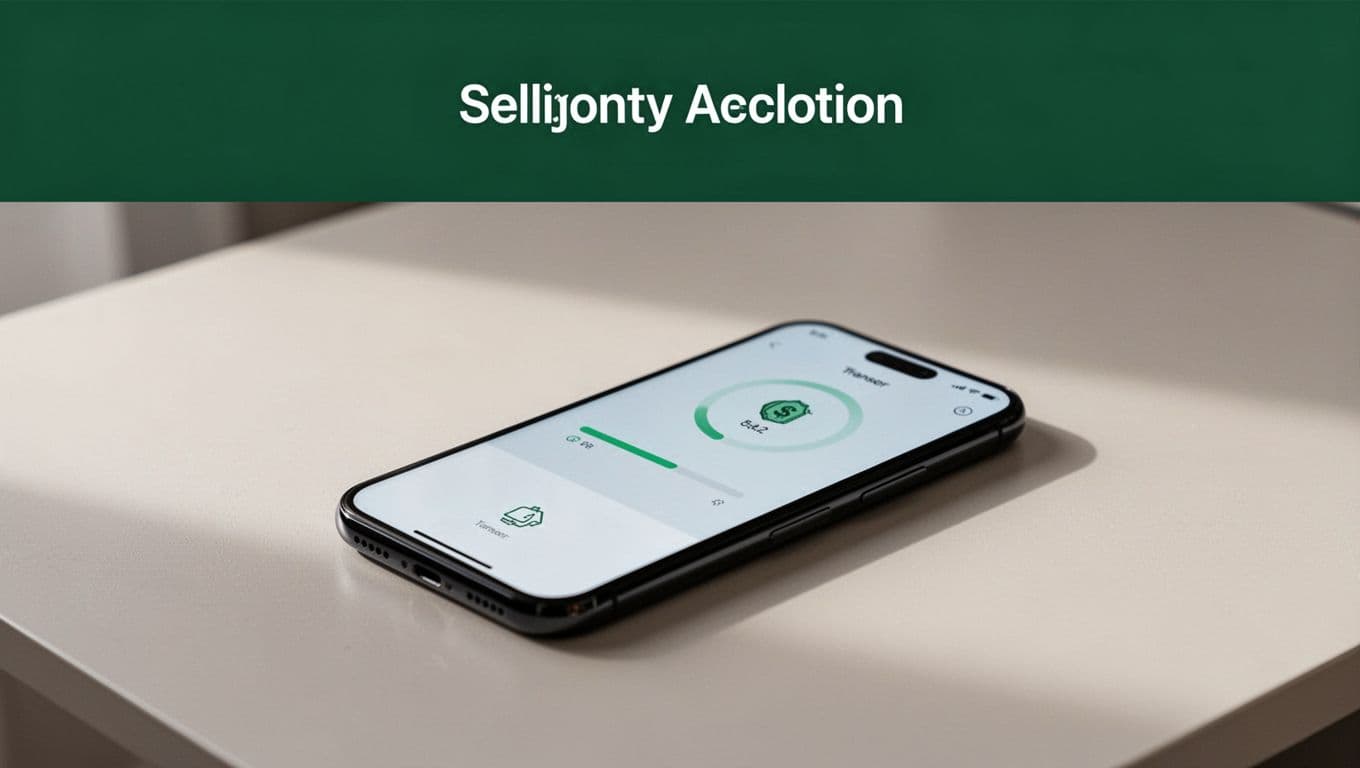A smartphone showing a finance app against a neutral background.