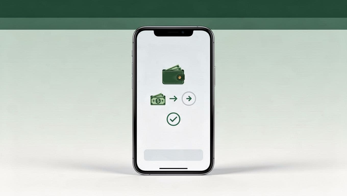 An editorial vector illustration of a smartphone app screen with a dark green header.