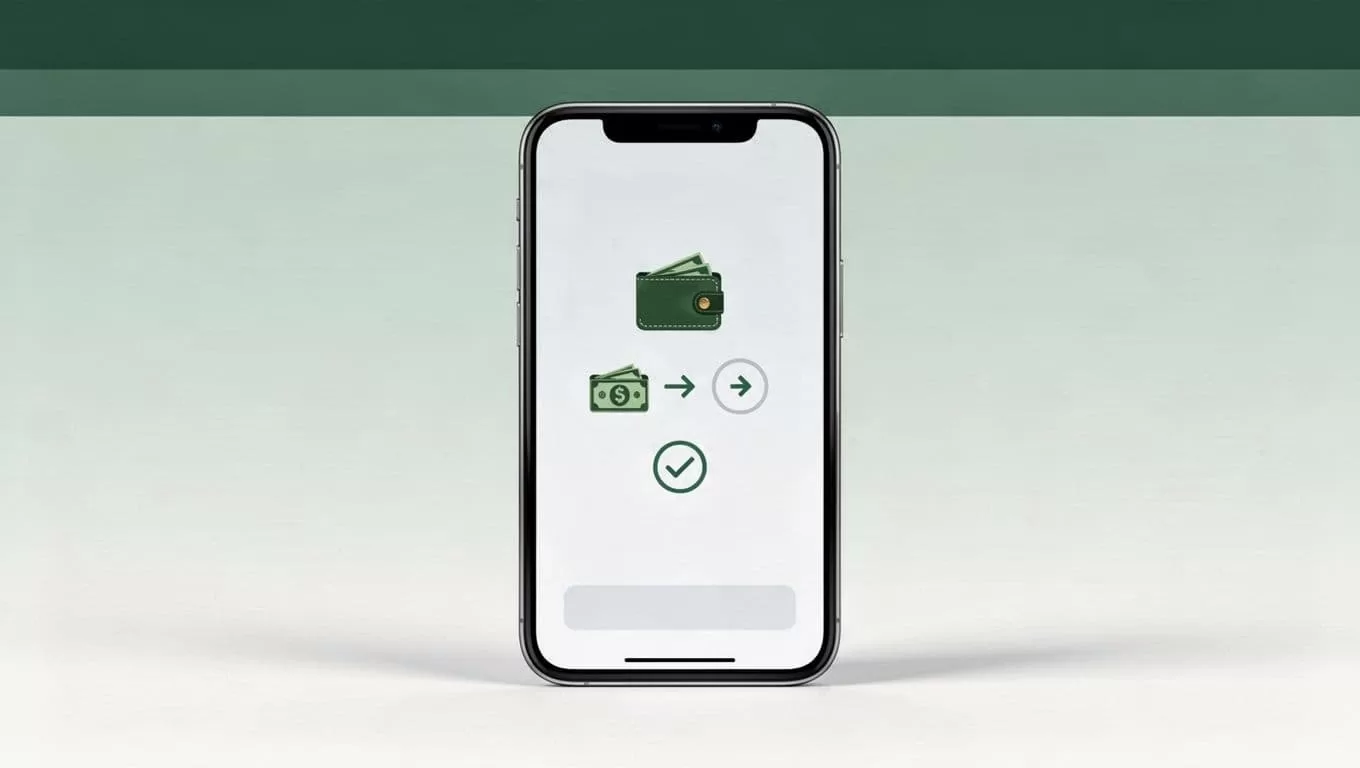 An editorial vector illustration of a smartphone app screen with a dark green header.