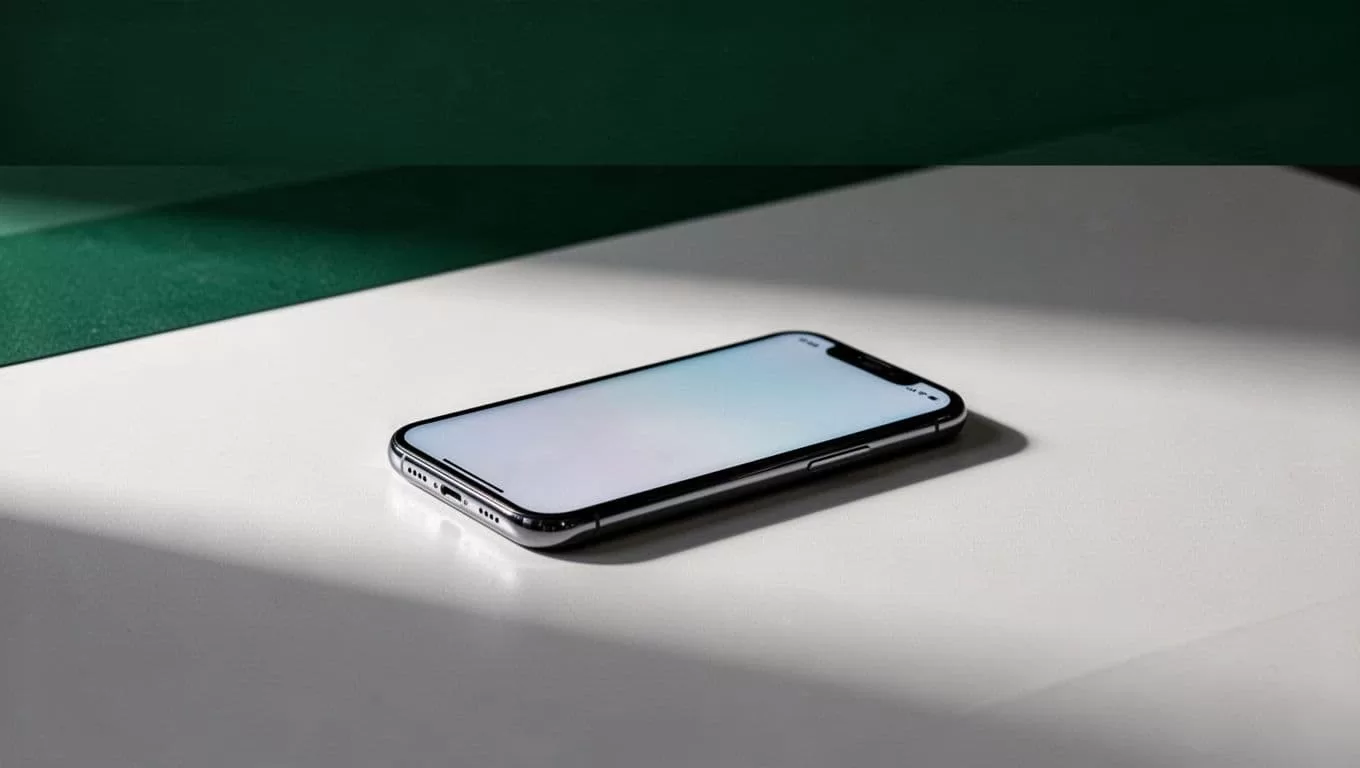 A smartphone rests on a minimalist desk below a dark green headline banner.