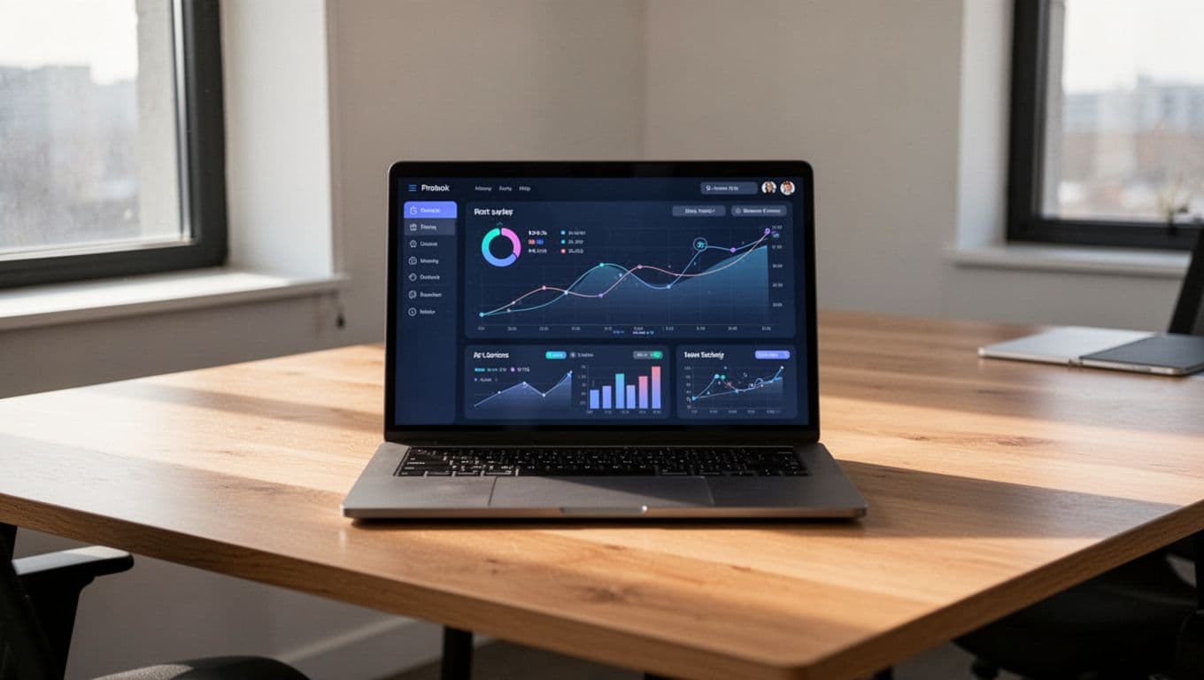 An open laptop on a wooden desk displaying a digital transfer dashboard.