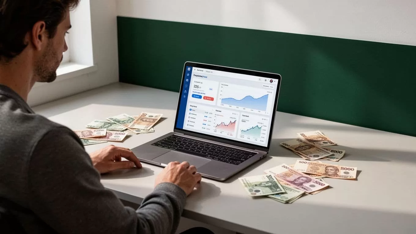 An open laptop and currency notes on a minimalist desk below a dark green headline banner.