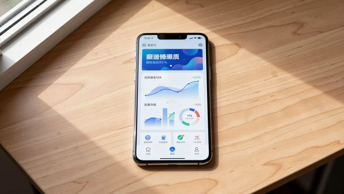 A smartphone on a wooden desk showing a financial app interface.