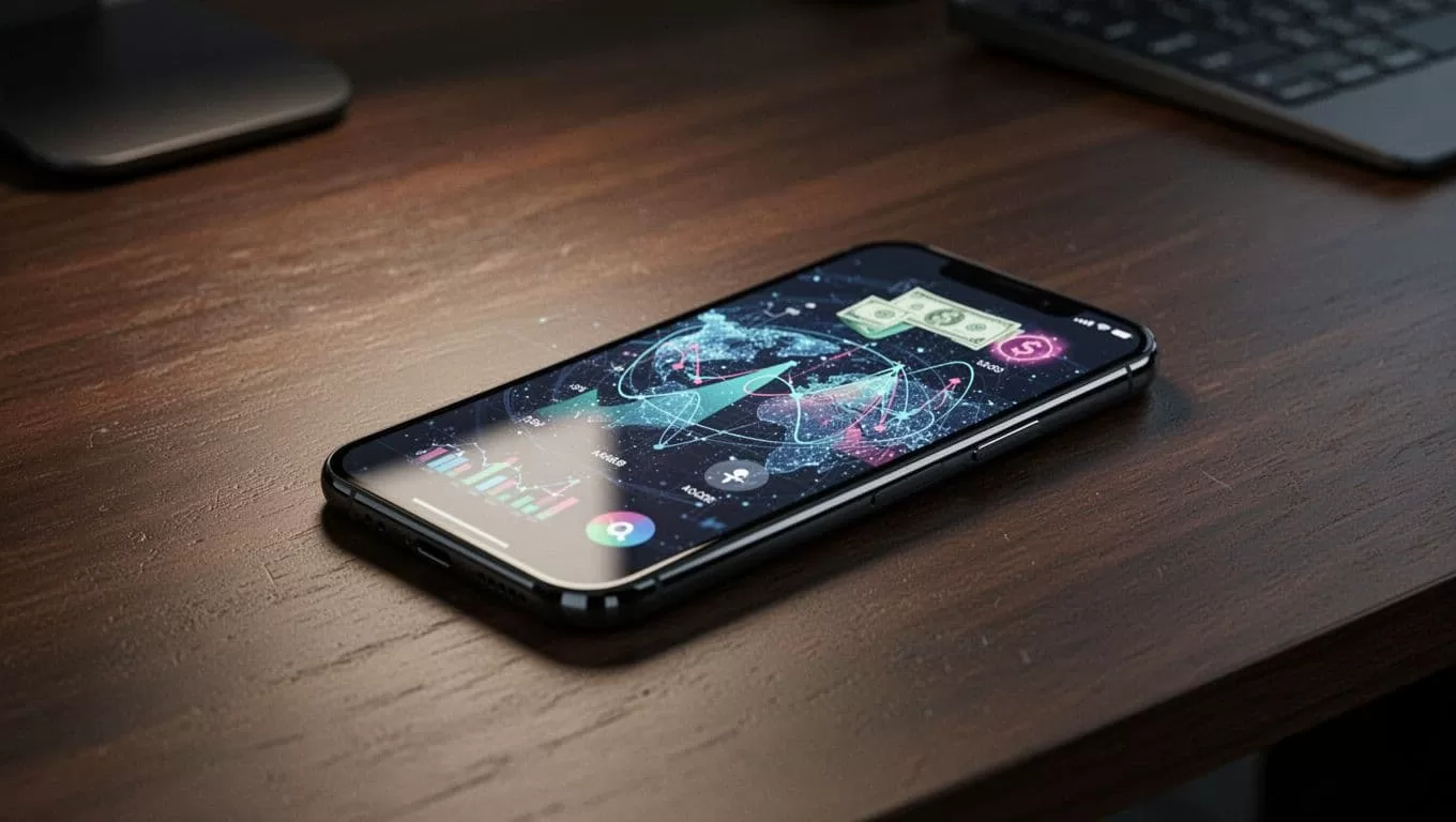A smartphone showing a money transfer app on a dark wooden desk under soft light.