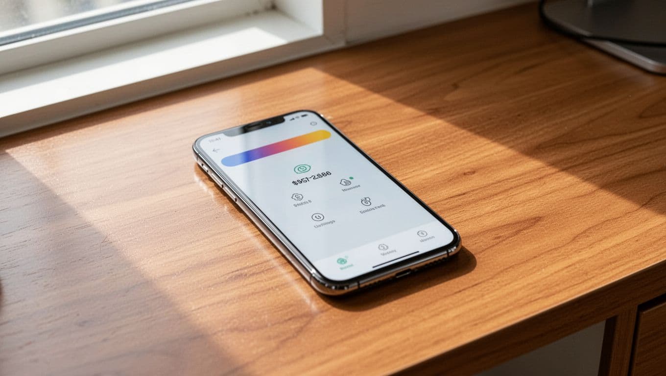 A smartphone showing a money transfer app lies on a bright wooden desk.