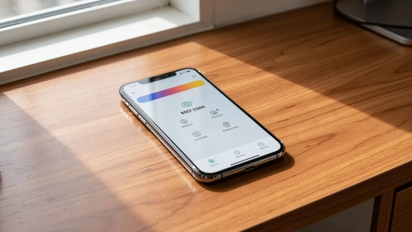 A smartphone showing a money transfer app lies on a bright wooden desk.