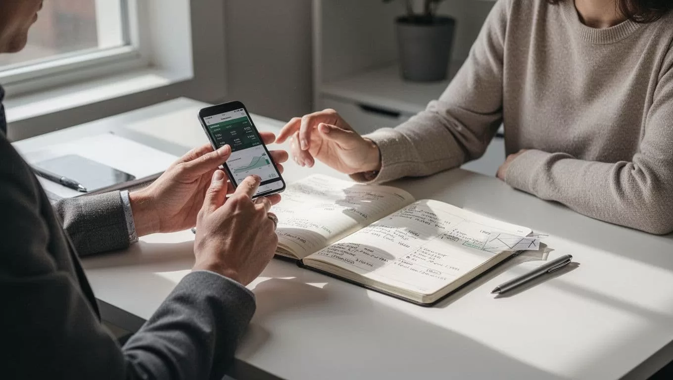 A person writing remittance plans in a notebook beside a smartphone on a clean desk.