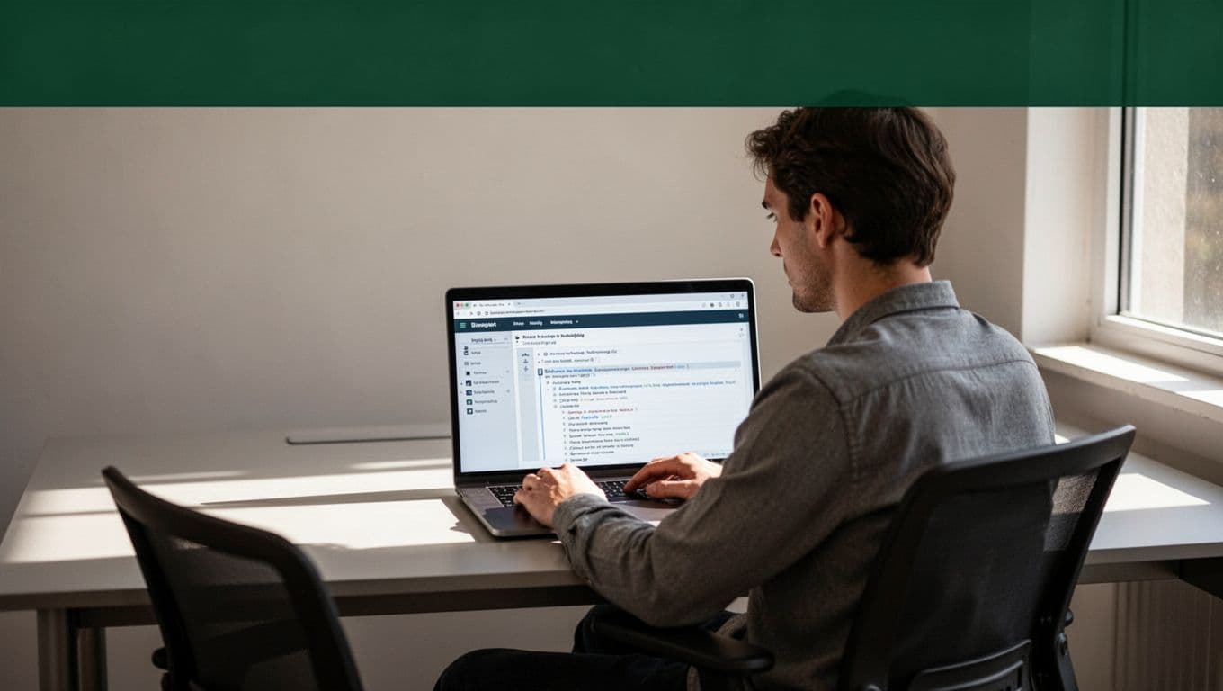 A person reviewing structured text on a sleek laptop at a minimal desk.