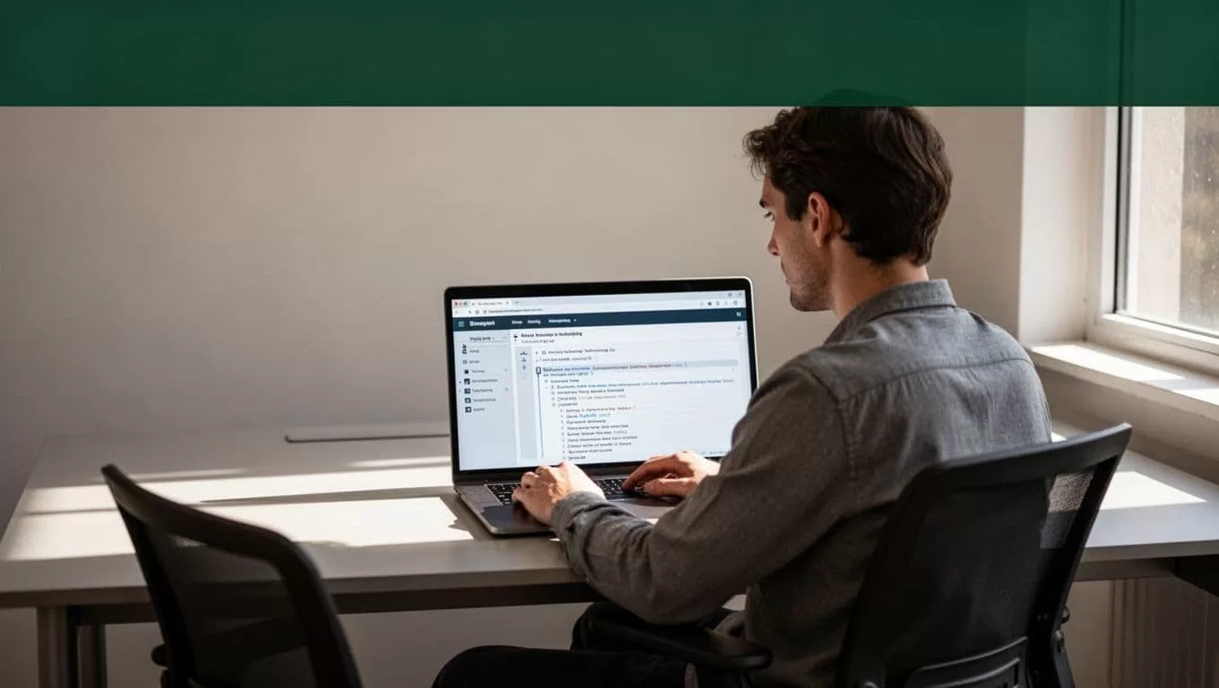 A person reviewing structured text on a sleek laptop at a minimal desk.
