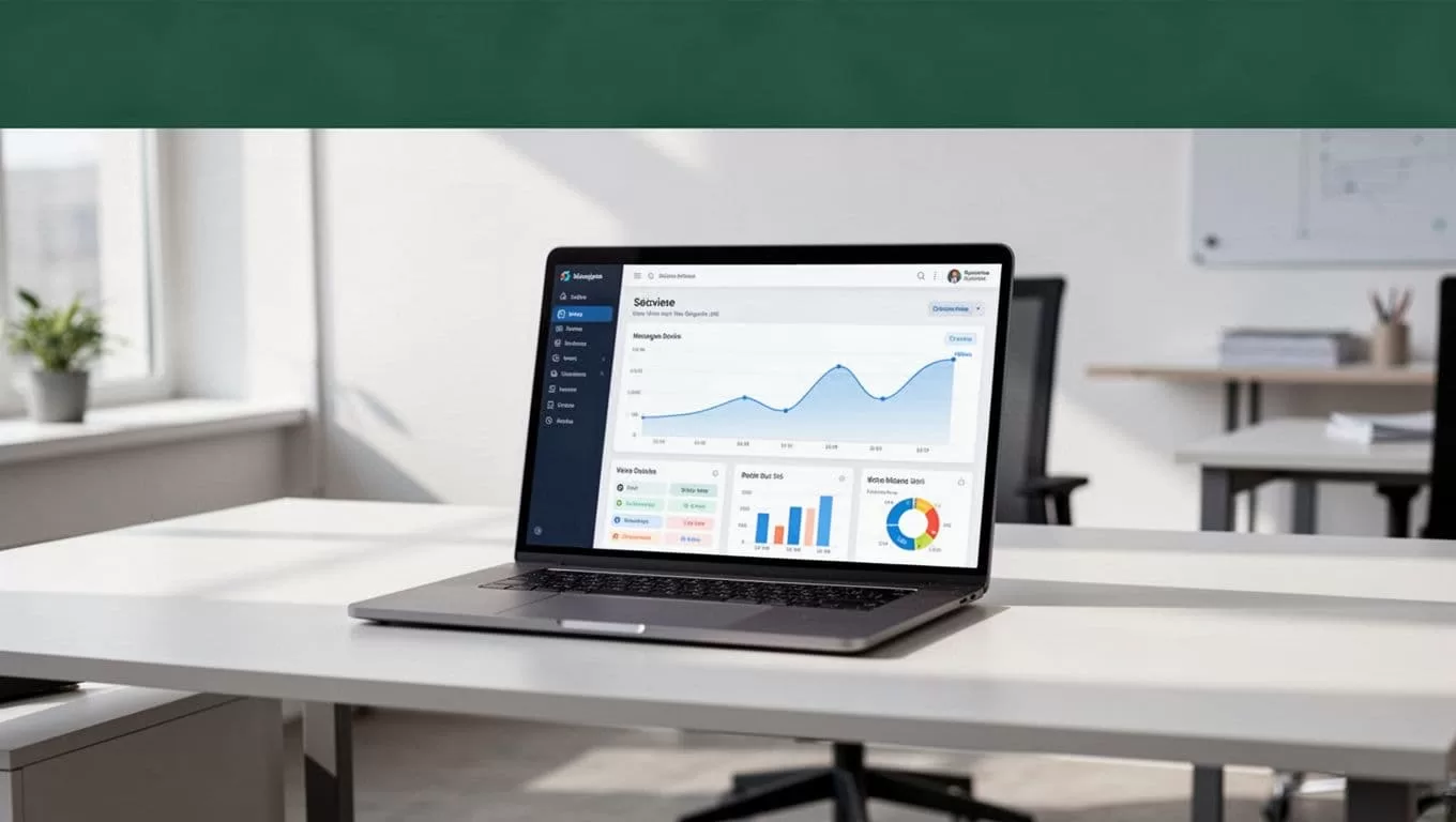 Laptop workstation beneath a RESELLER WORKFLOW headline in a bright office.