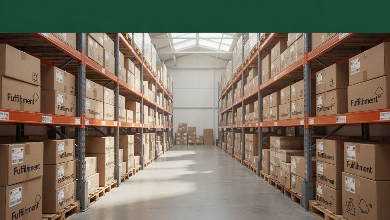 Retail shelves and fulfillment boxes with a dark-green band and Stock Control headline.